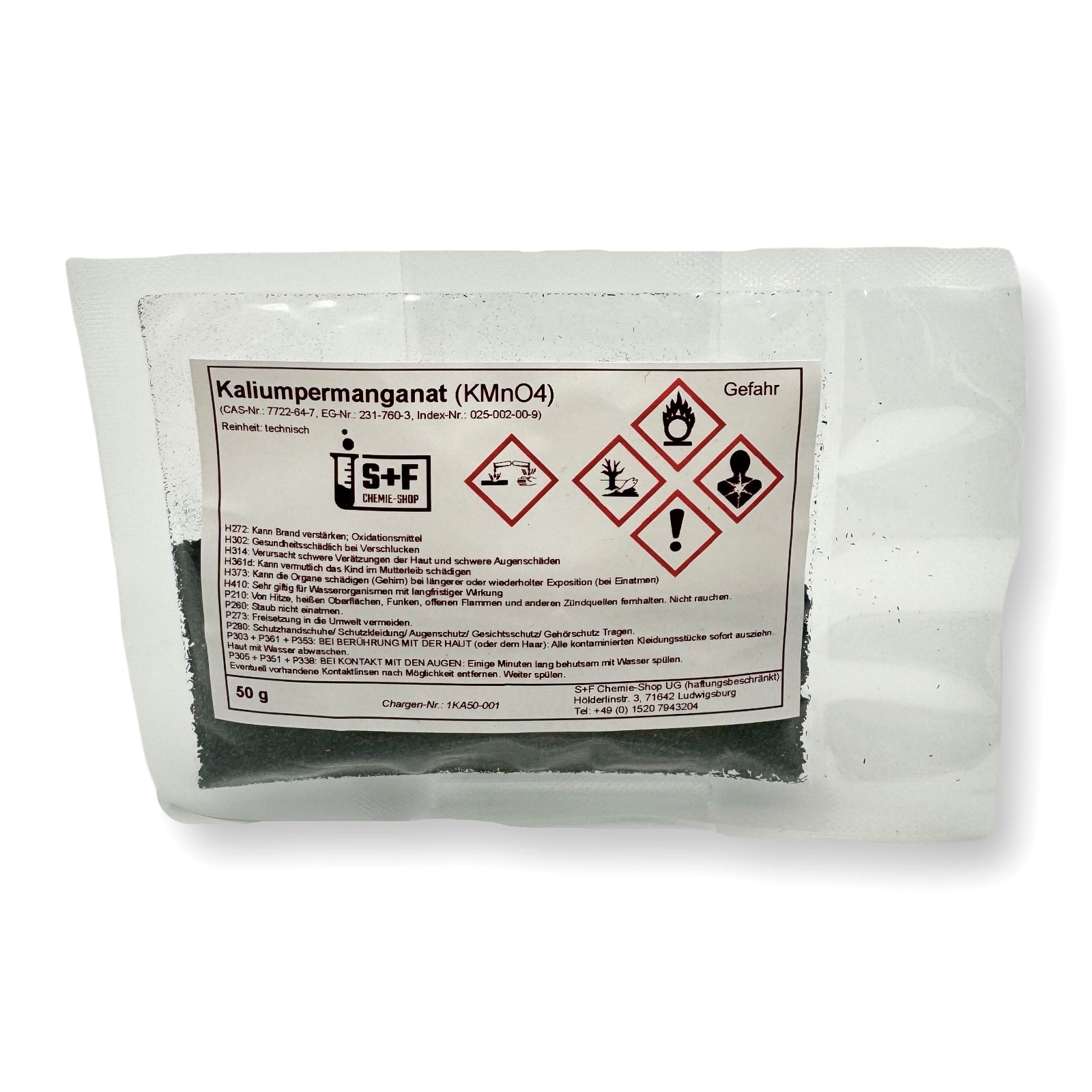 50g - Kaliumpermanganat Pulver (KMnO₄) - S+F Chemie - Shop - Chemikalie