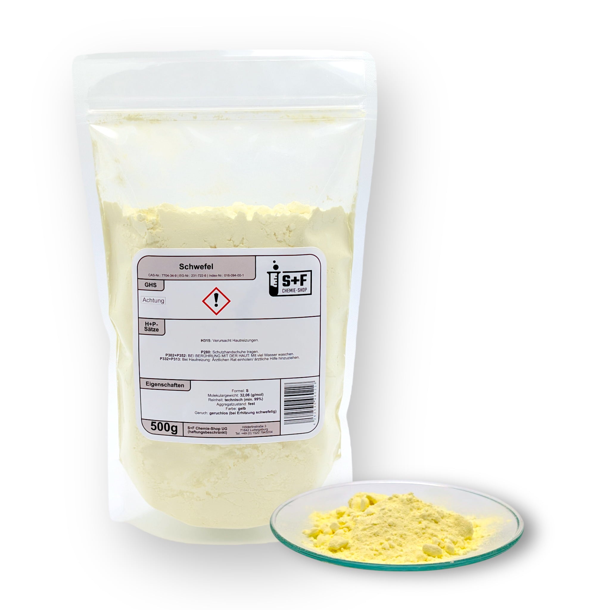 500 g - Schwefel (S) | Schwefelpulver | anorganisch | 99,9% - fein gemahlen